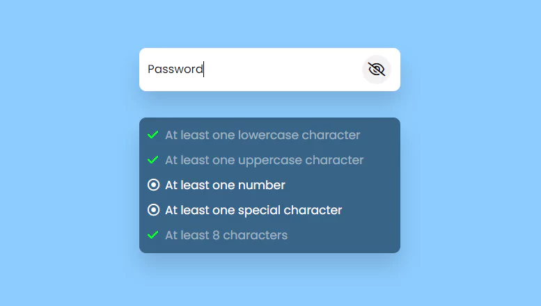 Password Validation Check in Javascript show Hide Password Toggle